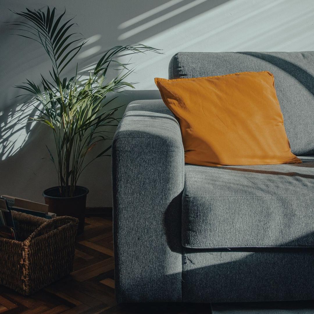 orange throw pillow on gray couch